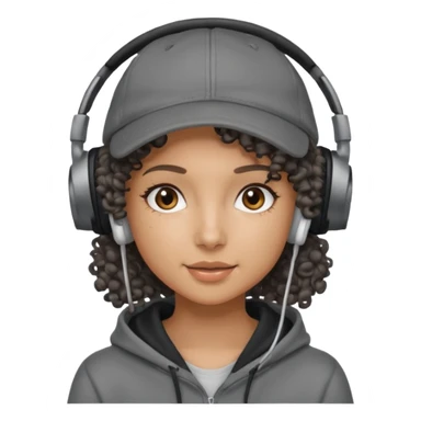 curly haired with headphones in and hoddie girls with cap sticker