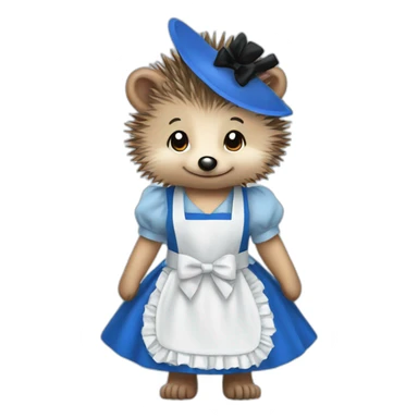 Hedgehog wearing a blue maid dress with a black bow and apron sticker