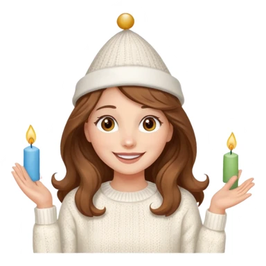 A pretty white girl with hazel brown eyes and long brown wavy hair in a cosy white knit sweater, she is celebrating her birthday and is happy sticker