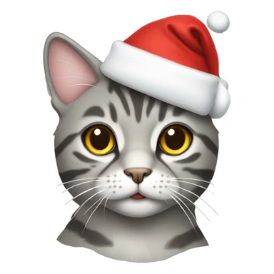 Grey tabby cat wearing a Santa hat sticker