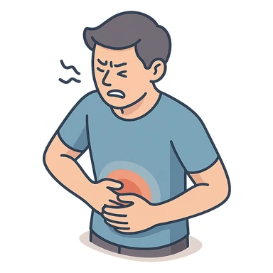 detailed 2D isometric illustration of a person (patient) with stomach pain, waist up, close-up, holding stomach and writhing in pain, soft rounded shapes, shadows and highlights, clean contours, pastel palette, modern illustration, transparent background sticker