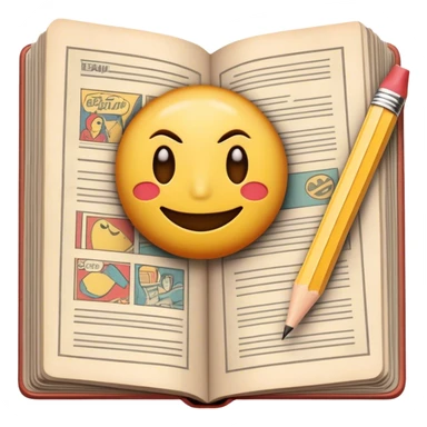 Create a detailed emoji representing the process of writing texts for comic books. The design should feature a large, open comic book with vintage comic strips visible on its pages. A pencil should be shown writing text on one of the comic panels, but without a hand. The pencil should appear as though it is actively creating the dialogue or narration. Use a classic color palette with muted tones for the comic book and brighter accents on the pencil to draw attention to the writing process. Do not include any emojis or smiley faces. Make the background transparent. sticker
