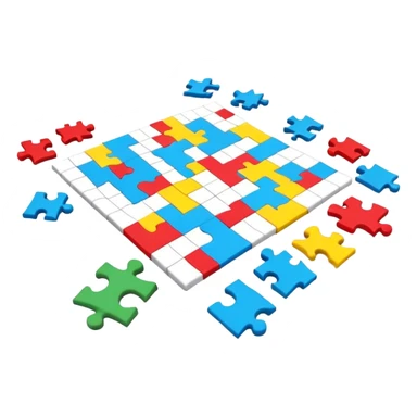 A colorful puzzle piece, a crossword magazine, a 3D puzzle, and a partially completed puzzle picture on a table. Bright colors, modern style. Transparent background, suitable for puzzles and brain games. sticker