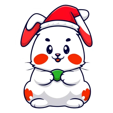 fluffy white angora rabbit wearing red and green Christmas hat being held sticker