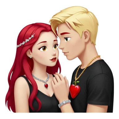 young couple kissing, girl with long cherry red hair and blonde eyebrows, gold A necklace, diamond ring, red bracelet, light clothes, boy with SHORT SNOW WHITE hair, silver ring with black stone, dark t-shirt sticker