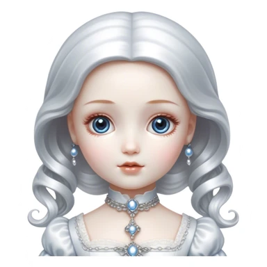 Cinematic and Ultra realistic 32k HD hauntingly beautiful porcelain doll sitting in a chair, Balanced features, highly detailed, glowing with silver light, high shine, remembrance, a painting of white silver, fanciful, enchanting. The image is so lifelike it could leap off the canvas at any moment sticker