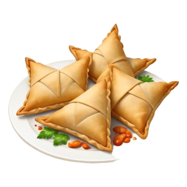 Cinematic Realistic Samosas Dish Emoji, depicted as golden, crispy pastry pockets filled with spiced vegetables rendered with detailed textures and appetizing lighting. sticker