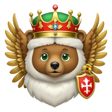 Cute brown bear head with green eyes, wearing white fur ushanka hat with Russian coat of arms: golden double-headed eagle with spread wings, three crowns connected by ribbon, scepter in right claw, orb in left claw, red shield on chest with St. George slaying dragon, iOS emoji style sticker