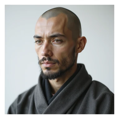 realistic AI chatbot inspired by a Zen warrior monk, minimalist techwear, subtle digital accents, contemplative face, clean background, exuding patience and inner peace sticker
