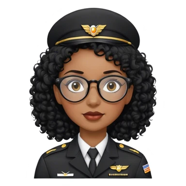 femme pilote d'avion en uniforme noir aux cheveux bouclés noir et petites lunettes arrondis identique avec des cheveux très long et la peau noir mais légèrement plus claire avec une queue de cheval sticker