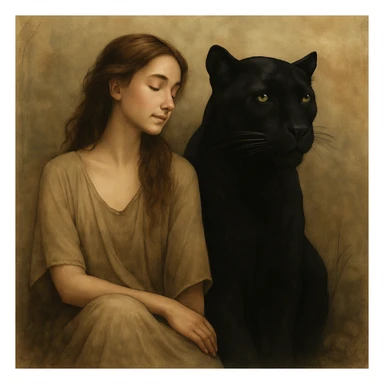 Make the panther black while keeping the woman and background unchanged. Artistic and detailed style. sticker