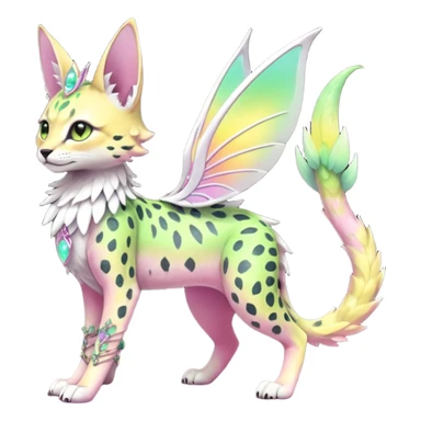 Epic complex knightly divine glorious futuristic detailed dark dusky gloomy pastel pink-pastel-green-pastel-yellow-white-gradient-iridescent, realistic Fakémon-Sprigatito-Floragato-Meowscarada-Trico-Sergal-Serval-Vernid-creature (full body) with bracelets and anklets and fairy wings sticker