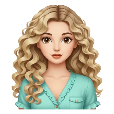 beautiful brunette with blondish balayage white girl with nice curls/defined waves, very long hair, clean girl makeup and nice summer outfit  sticker