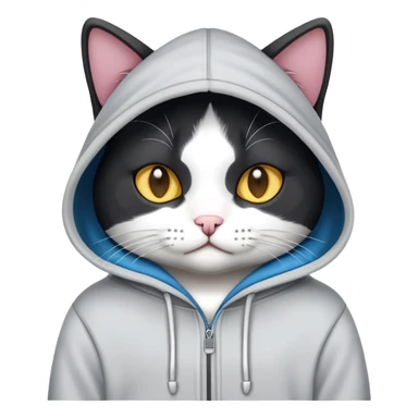 Black and white cat wearing a hoodie sticker