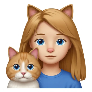 11-year-old child with hazel hair, black eyes, slide-shaped nose, standing next to a Scottish longhair cat with blue eyes, apple emoji style sticker