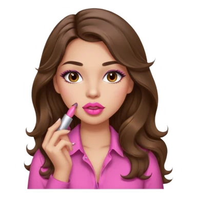 girl with long wavy brown hair, brown eyes, light to medium complexion, in a pink sexy shirt, pink lips, long lashes, puckered lips, putting on lipstick sticker