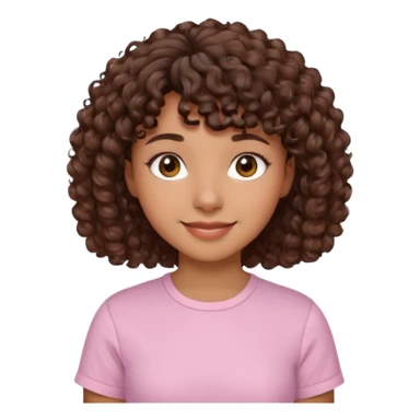 A Latina girl with brown eyes and short curly hair with curly bangs with a light pink shirt sticker