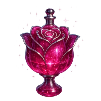 rose-shaped luxurious elixir bottle, deep pink color, iridescent and silver details, intense magical glowing and sparkling effects, very small neck, seamless bottom, transparent background, floating, no base or shadow, modern, matching a collection sticker