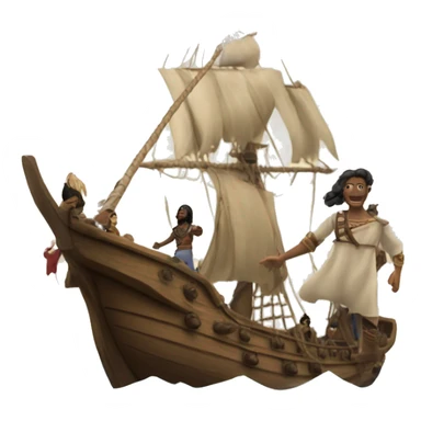a ship and some land. the ship is approaching the land, and on the ship are british people. they are meeting the indians. sticker