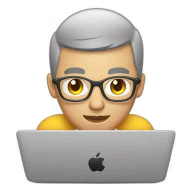 software engineer (white man, buzz cut hair, white gold earrings) in front of laptop, apple-style sticker
