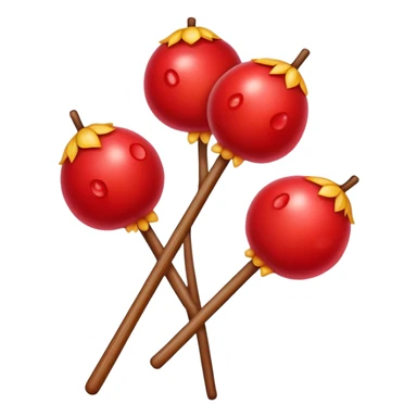 Candied hawthorn fruits on wooden stick Tanghulu, simplified emoji style with bold outlines and bright colors, cartoon style shiny red Chinese sweet sticker