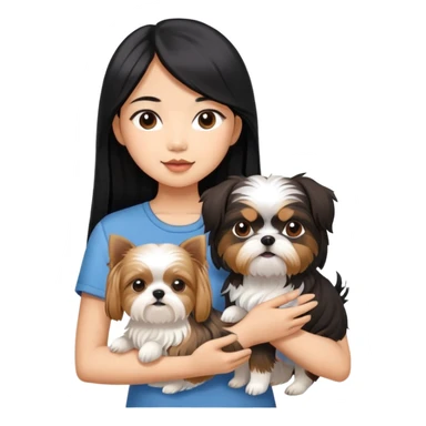 A beautiful Asian girl with long black hair is holding a Yorkshire Terrier. She is standing next to her brown skinned boyfriend, who is holding a Shih Tzu. They are each holding one dog each sticker