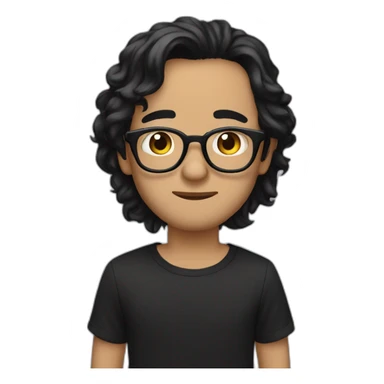 Beige guy, black eyes, black long wavy hair, no facial hair, thin long nose, round glasses, black t shirt sticker