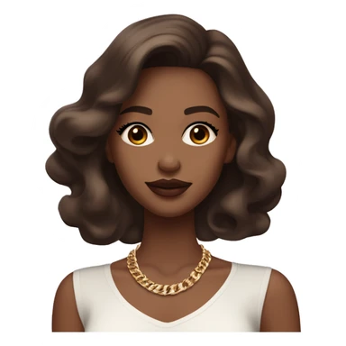 Girl with brown cateyes and a white skin tone long eyelashes with long dark brown hair in a side parting in a wavy/blowout effect style wearing white scoop neck top and wearing a gold necklace and has plump light pink glossy lips sticker