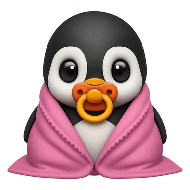 Add a pacifier to the baby penguin covered with a pink blanket, keeping the emoji style look. The background should be removed, focusing on the baby penguin with the pacifier and pink blanket in an emoji style. sticker