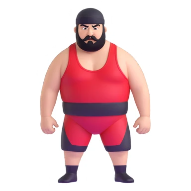 White skin fat guy with prominent black durag, short black beard and mustache, black eyes in a red and black wrestling singlet with angry face sticker