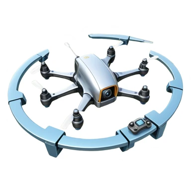 An icon showing a racing quadcopter drone in the foreground, flying at high speed through a course filled with obstacles and checkpoints. Other drones zoom in the background over a dynamic landscape. Transparent background highlights the thrill and precision of drone racing. sticker