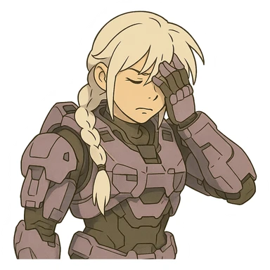female, wearing reach spartan armor shoulder-unequip, long white braid hair with massive messy front side single bangs, gold yellow eyes, attention pose, D-cup size, HALO:series, no helmet, the armor is lavender color scheme, facepalm, smh, eyes closed sticker