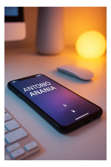 A photo of an iPhone on the desk with the message "Antonio Anania" on its screen, The phone sits atop a desk with a blurred background that suggests work environment. A faint glow from above casts gentle shadows across the surface of each object, creating depth and highlighting their textures sticker