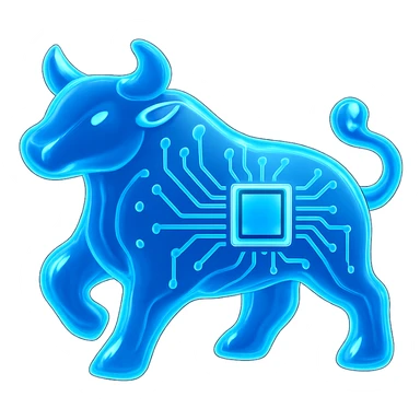 Make the abstract bull silhouette even more abstract with luminous blue tech circuitry details, in glossy circuit style. sticker