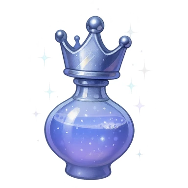 galutinis itin prabangus itin mažas eliksyro buteliukas, įkvėptas karūnos: viršuje karūnos forma, spalva #7986cb, apačia sklandžiai pereina į apvalų, uždarą buteliuką (ne plokščia, ne stiklinė), visas buteliukas atrodo tarsi sklandytų ir suktųsi ore, elegantiškos sidabrinės ir holografinės detalės, magiški švytėjimai ir blizgesiai, labai mažas kaklelis, vientisa apvali apačia, skaidrus fonas, be pagrindo ar šešėlio, modernus, kolekcijai tinkamas, dar mažesnės proporcijos sticker