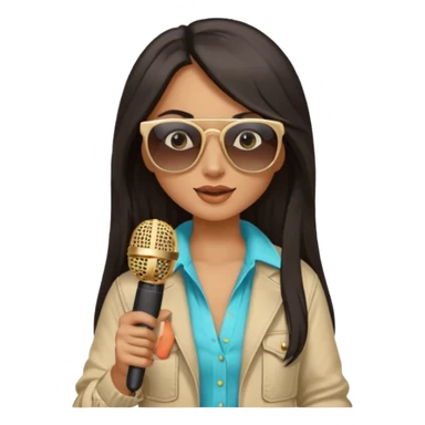 dark long haired woman with summer clothes and sun glasses holding microphone sticker