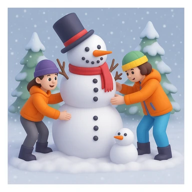 Add a snowy background behind the kids building a snowman, keep the original 3D emoji style sticker