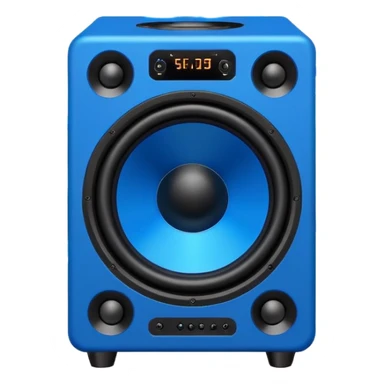 Vector style emoji, large subwoofer speaker with visible vibrating sound waves, electric blue lightning bolts popping out, flat design, bold outlines, white background. sticker