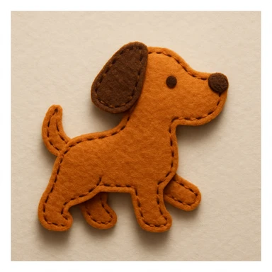 Handcrafted felt dog icon with simple shapes, clean curves, medium visible brown running stitch around edges, slightly raised look, warm orange and brown felt, minimal facial features, soft diffused lighting, subtle shadow, neutral background sticker