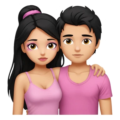 generate a pretty tan bratz boy with messy black hair wearing a white tshirt. Hugging a fair girl with long black hair, eyeliner, wearing a pink cami.  sticker