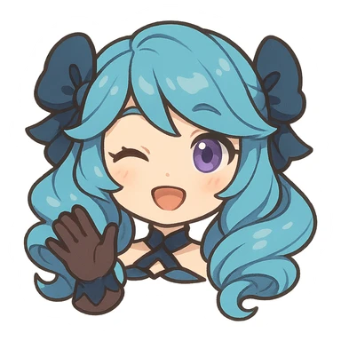 chibi style Gwen from League of Legends, only head, right eye purple, one hand waving with glove, cute and expressive sticker