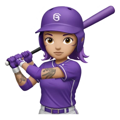 Softball player in purple uniform batting with a full arm sleeve tattoo on left arm sticker