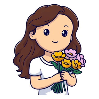 cool girl with long brown hair and fair skin tilting her head to the side while holding a bouquet of flowers sticker