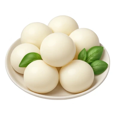 cluster of small smooth mozzarella balls, soft white color, slightly glossy surface, round uniform tender, fresh milky texture, no bowl garnish or liquid, soft lighting, subtle shadows, emoji scale sticker