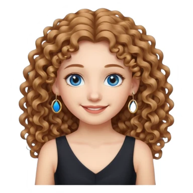 Girl with long light brown curly hair, blue eyes, black dress, hoops earrings. sticker