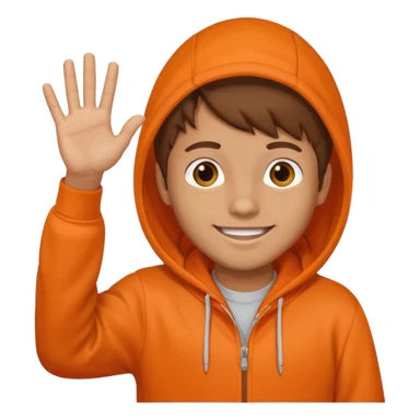 Brown hair boy in orange hoodie smiling and 
waving hi sticker