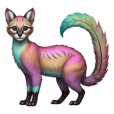 Colorful dark tropical feathery tribal pale light fruity pastel white glorious iridescent divine exotic cute cool beautiful beautiful fantasy-caracal-civet-genet-sergal-vernid-Cacomistle-Trico-oncilla-animal-Fakémon-hybrid-fursona (full body) sticker