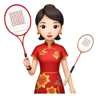 ancient cheongsam girl with 1 badminton racket, red sticker
