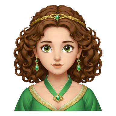 very beautiful italian girl, looking a bit like Emma Watson, with curly and big volume very bright brown hair, and a golden piercing ring in nose on left side, dressed in a beautiful sexy hanfu dress of green colors, nose ring sticker