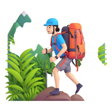 climber with a backpack, surrounded by tropical jungle plants on a mountain sticker
